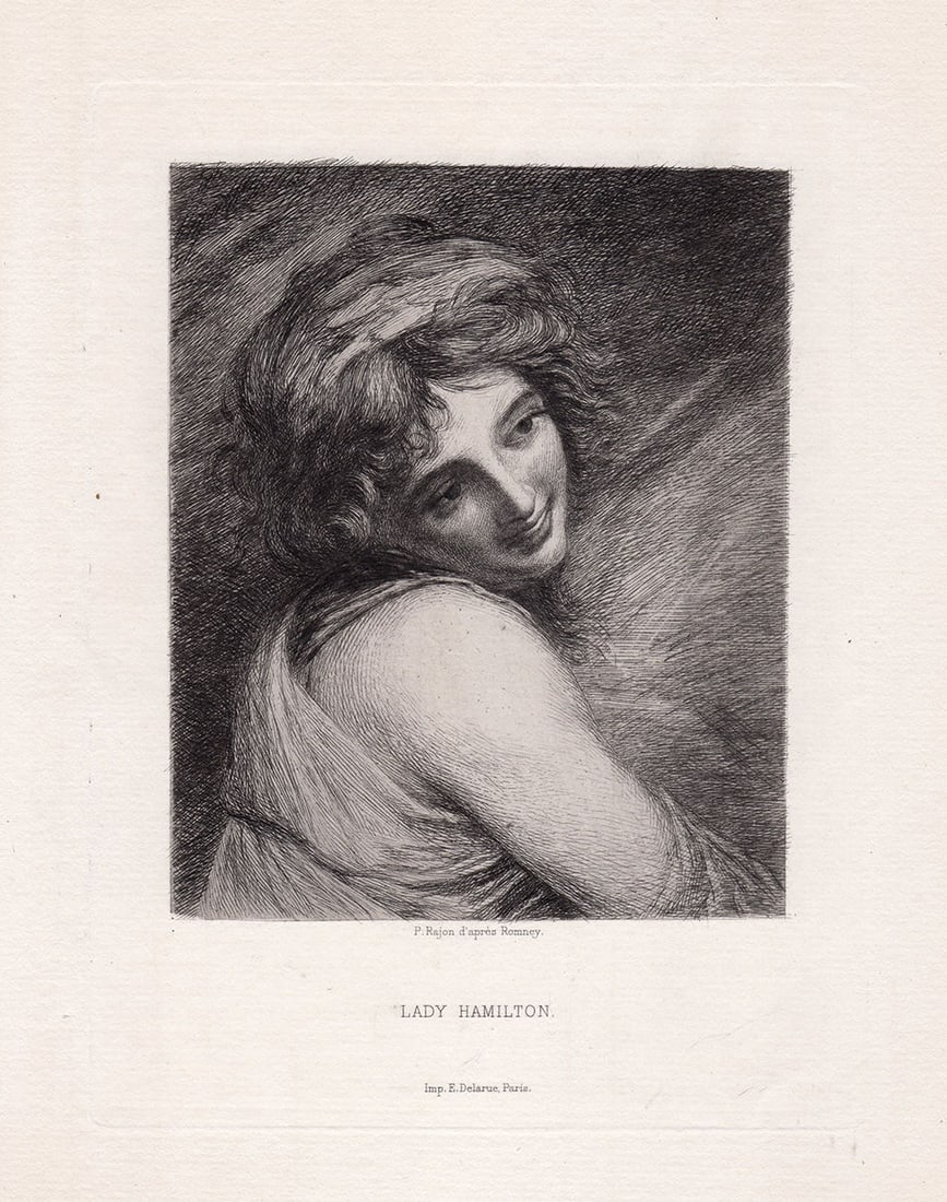 1879 George Romney Lady Hamilton etching signed: George Romney. (English, 1734-1802). Lady Hamilton. Antique etching on laid paper after the original by master etcher Paul-Adolphe Rajon (French, 1843-1888). 1879. Signed in the plate. Excellent. Imag
