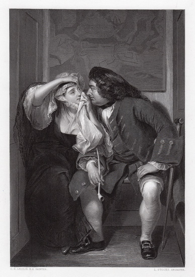 Charles Robert Leslie Uncle Toby and the Widow engraving signed: Charles Robert Leslie. (English, 1794 - 1859). Uncle Toby and the Widow. Antique Engraving on wove paper after the original oil paint on canvas by master engraver Lumb Stocks (British, 1812 1892).