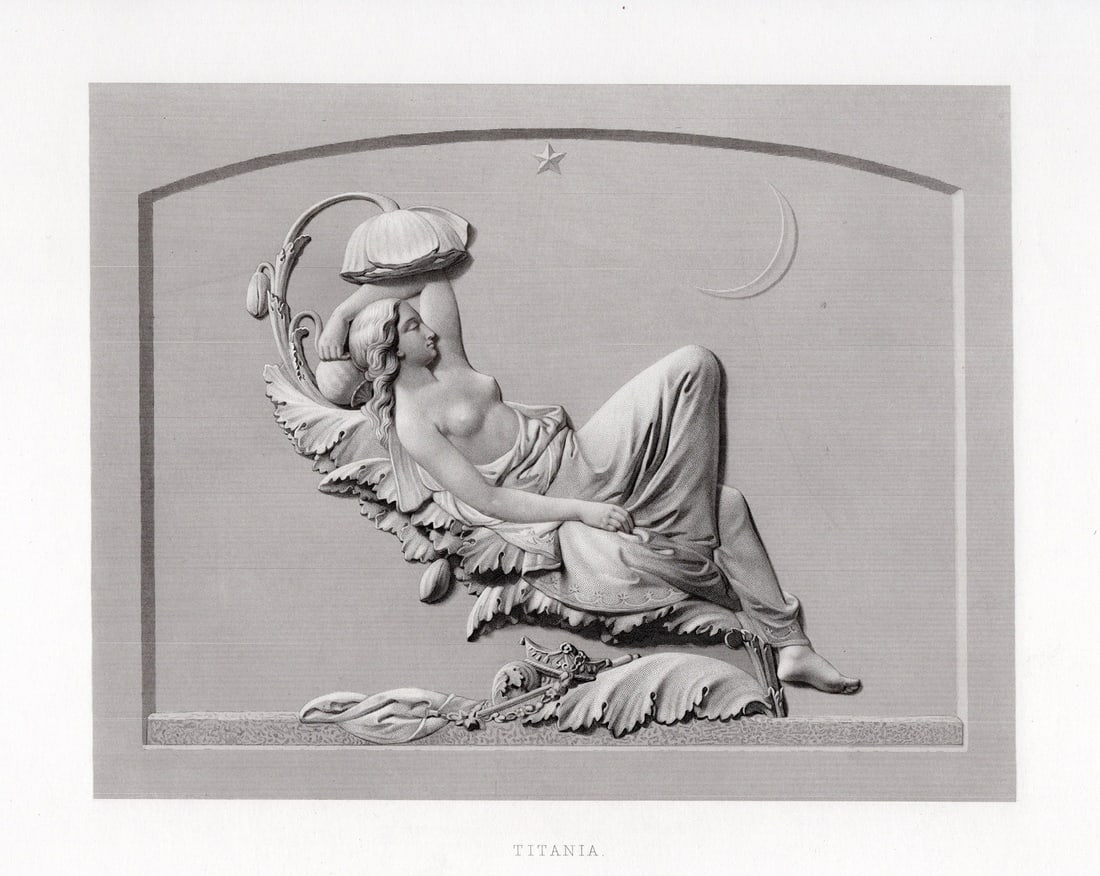 Felix Martin Miller 1800s Engraving "Titania" FRAMED: Felix Martin Miller (1820-1880). Titania. Antique engraving on wove paper after the original bas- relief by master engraver John H Baker (British, 1829-c.1872). Year: 1856. Image Size 6 7/8 x 8 7/8