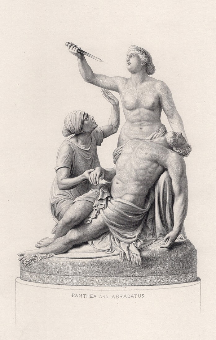 1800s WILLIAM CHARLES MAY Engraving of Abradatas & Pantheia Tragedy FRAMED: William Charles May (English, 1853 - 1931). Panthea and Abradatus. Antique engraving on wove paper after the original by master engraver William Callis Roffe (British, 1817-1902). Year: 1883. Image Si