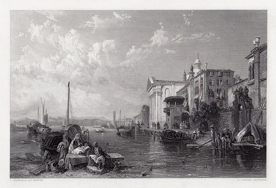 Clarkson STANFIELD 1800s Engraving "Church of the Gesuati" SIGNED Framed: Clarkson Frederick Stanfield (English, 1793-1867). The Canal of the Guidecca, and the Church of the Gesuati, Venice. Antique engraving on wove paper after the original oil paint on canvas by master