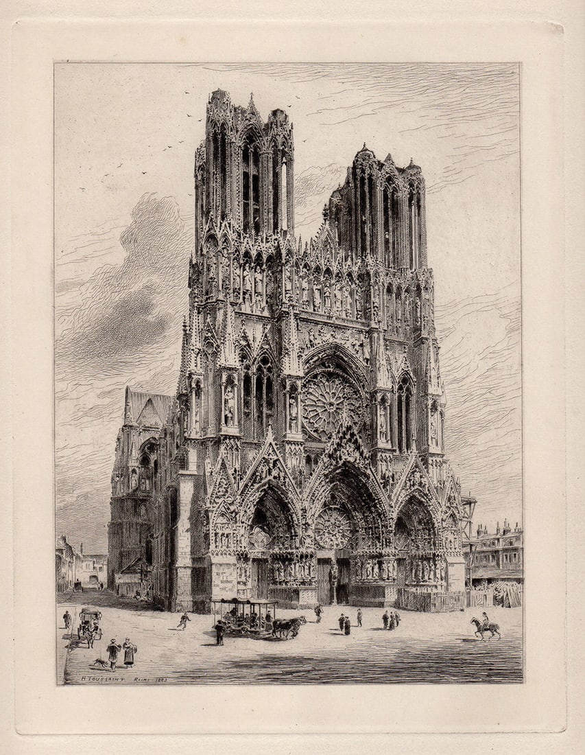 Charles Henri Toussaint 1884 etching The Front of Reims Cathedral signed: Charles Henri Toussaint. (French, 1849-1911). The Front of Reims Cathedral. Antique Copper Plate Etching on laid paper. 1884. Signed in the plate. Excellent. Image size 7 1/8 x 9 7/8 inches. Framed di