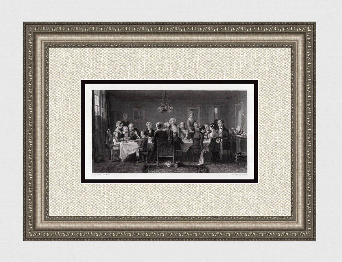 Thomas Webster 1800s Engraving "Christmas Pudding" Signed Framed: Thomas Webster (English, 1800 – 1886). The Christmas Pudding. Antique engraving on wove paper after the original by master engraver William Ridgway (British, 1830-1900). Year: 1868. Signed in the pl