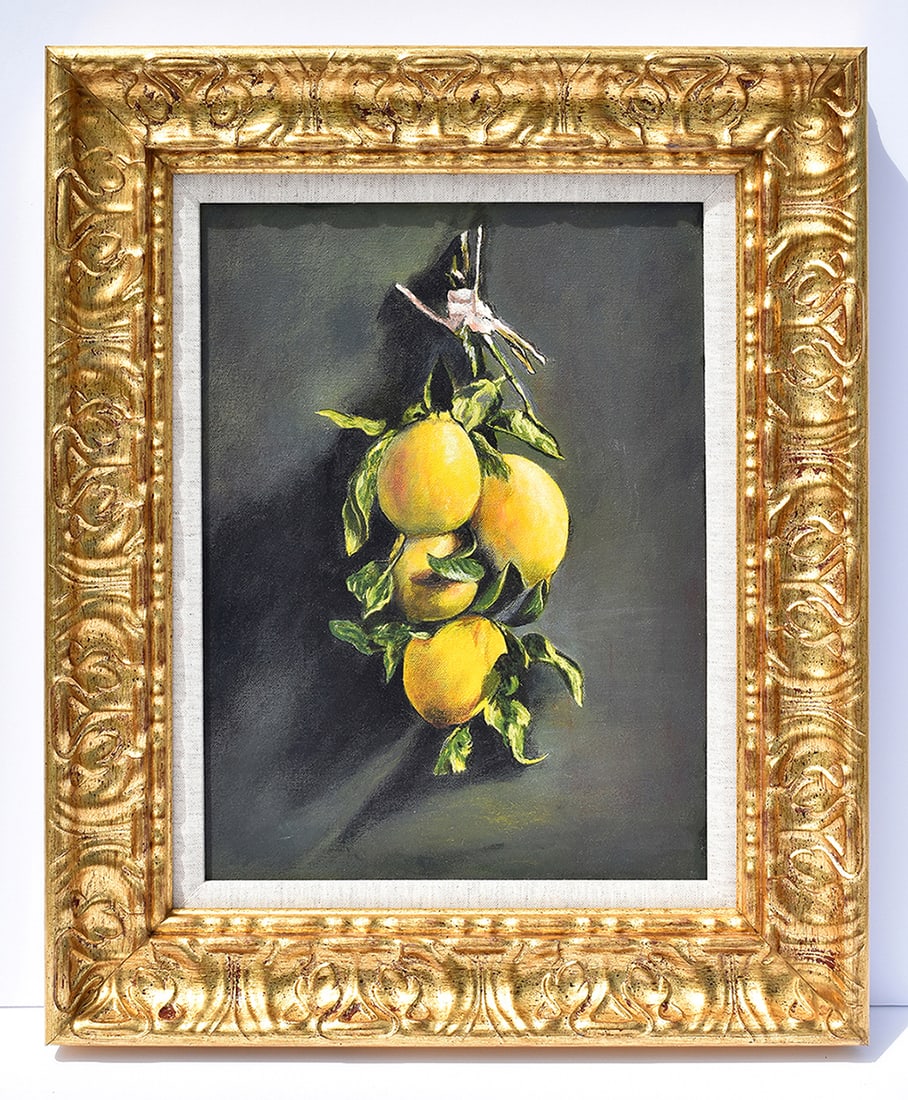 Barbara Heinrichs Original Painting Still Life with Lemons Framed: Barbara Heinrichs ( American). Stil life with Lemons. Original Oil on Canvas. Signed by the artist on the reverse Canvas Size 12 x16 inches. Framed dimensions c. 18 1/2 x 22 1/4 inches. This piece has