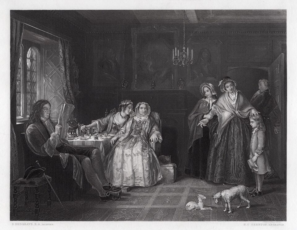 Richard REDGRAVE SIGNED 1800s Engraving Country Cousins Framed: Richard Redgrave (British, 1804 - 1888). Country Cousins. Antique engraving on wove paper after the original by master engraver Henry Chawner Shenton (British, 1803 - 1866). Year: 1854. Signed in the