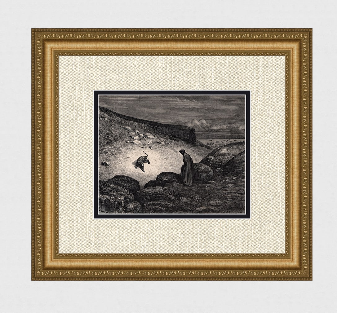 Gustave Dore The Panther (Dante's Divine Comedy Enferno) c. 1880 Woodcut: Gustave Dore (Paul Gustave Louis Christophe Dore) (French, 1832-1883). Chant 1. The Panther (Dante's Divine Comedy Enferno). Antique woodcut wove paper after the original by master wood engraver Antoi
