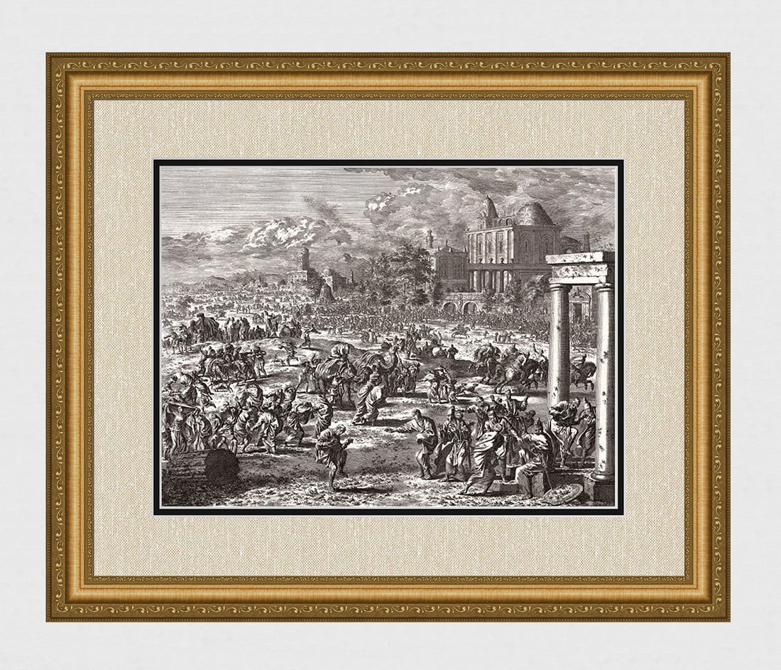 1747 Monumental Engraving Jan Luyken Plague of Flies Framed: Jan Luyken (Dutch, 1649 - 1712). The Fourth Plague: Flies. Antique engraving on laid paper. Year: 1747. Publisher: Frans Houtteyn. Reference: Hollstein / Dutch and Flemish etchings, engravings and woo