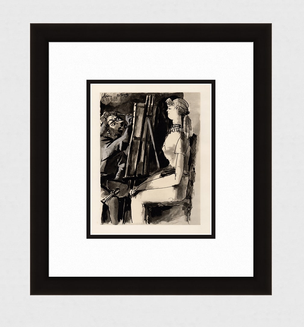 Pablo Picasso 1954 Artist and Model Color Lithograph Framed: Pablo Picasso (1881 - 1973). "La Comedie Humaine 14.12.53". 1954 Offset Lithograph on wove paper after the drawing. Dated in the plate, upper left. Lithography executed by Draeger Freres. Published by