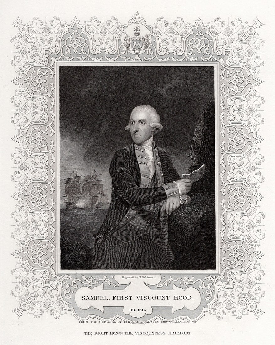 Joshua REYNOLDS 1800s Portrait Engraving SAMUEL FIRST VISCOUNT HOOD Signed: Sir Joshua Reynolds (English, 1793-1792). Samuel First Viscount Hood. Antique engraving on wove paper after the original by a master engraver Henry Robinson (British, 1827-1872 active). Year: c.1855.