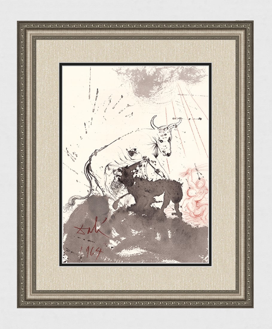 Salvador Dali 1967 Original Lithograph Ox and the Lion Framed: Salvador Dali. "Vitulus et ursus pascentur, simul requiescent catuli corum; et leo quasi bos comedet paleas. Et delectabitur infans ab ubere super foramine aspidis (The cow and the bear shall feed: th