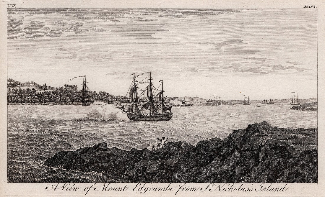 S. Scott & G. Lambert 1700s Engraving View from St. Nicholas's Island Framed: George Lambert (English, 1700 – 1765) and Samuel Scott (British, 1702-1772). A view of Mount Edgcumbe from St. Nicholas's Island. Antique engraving on wove paper after the original by a Master Engra