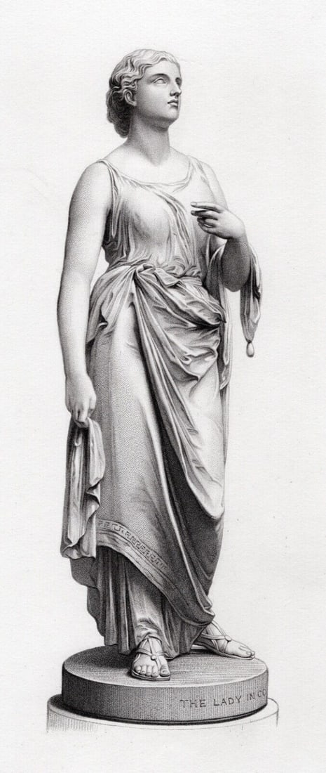 John Denton CRITTENDEN 1800s Engraving The Lady In Comus FRAMED: John Denton Crittenden (British, 1834 – 1877). The Lady in Comus. Antique engraving on wove paper after the original master engraver Alfred Thomas Roffe (British, 1803-1871). Year: 1879. Image Size