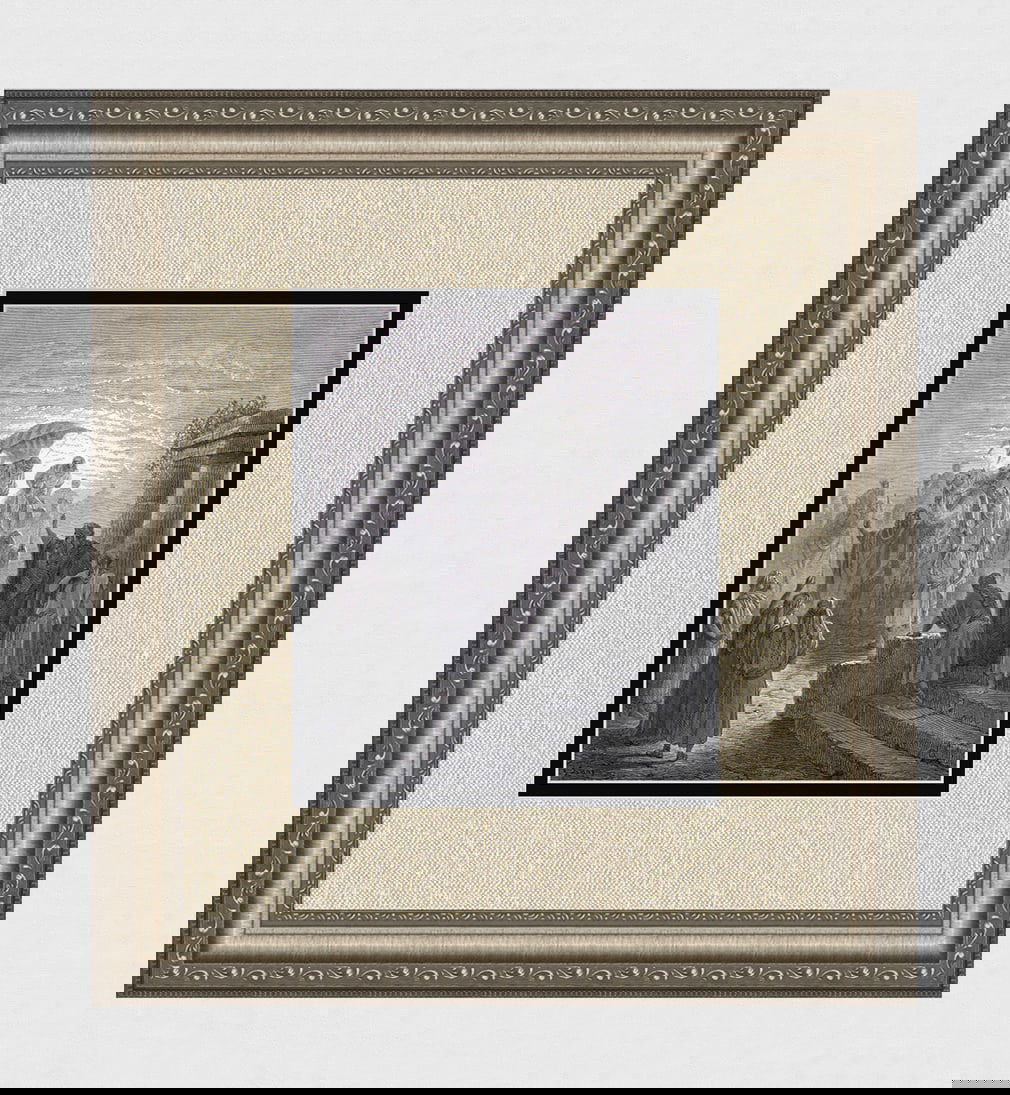 SIGNED 1800s Gustave DORE Biblical Woodcut ISAAC & REBEKAH Framed: Gustave Dore (Paul Gustave Louis Christophe Dore) (French, 1832-1883). The Meeting of Isaac and Rebekah (from Dore's Bible). Antique woodcut wove paper after the original by a master wood engravers Fr