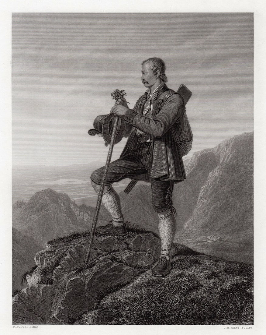 Philipp von Foltz The Jäger (The Hunter) 1857 engraving: Philipp von Foltz (German, 1805 - 1877). The Jäger (The Hunter). Antique engraving on wove paper after the original by master engraver Charles Henry Jeens (English, 1827-1879). 1857. Signed in the pl