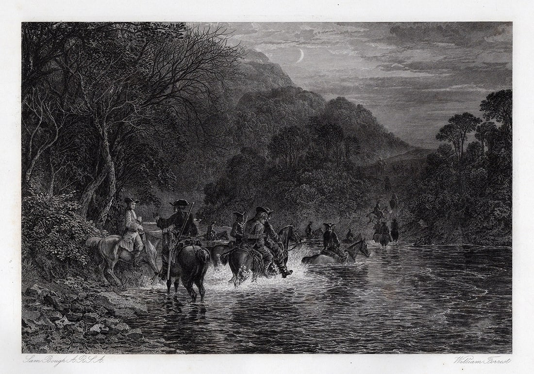SIGNED 1800s SAMUEL BOUGH Engraving Rob Roy Escapes Framed: Samuel Bough (English, 1822-1878). The Escape of Rob Roy at the Ford. Antique engraving on wove paper by master engraver William Forrest (British, 1805-1899). Year: 1868. Signed in the plate. Image si
