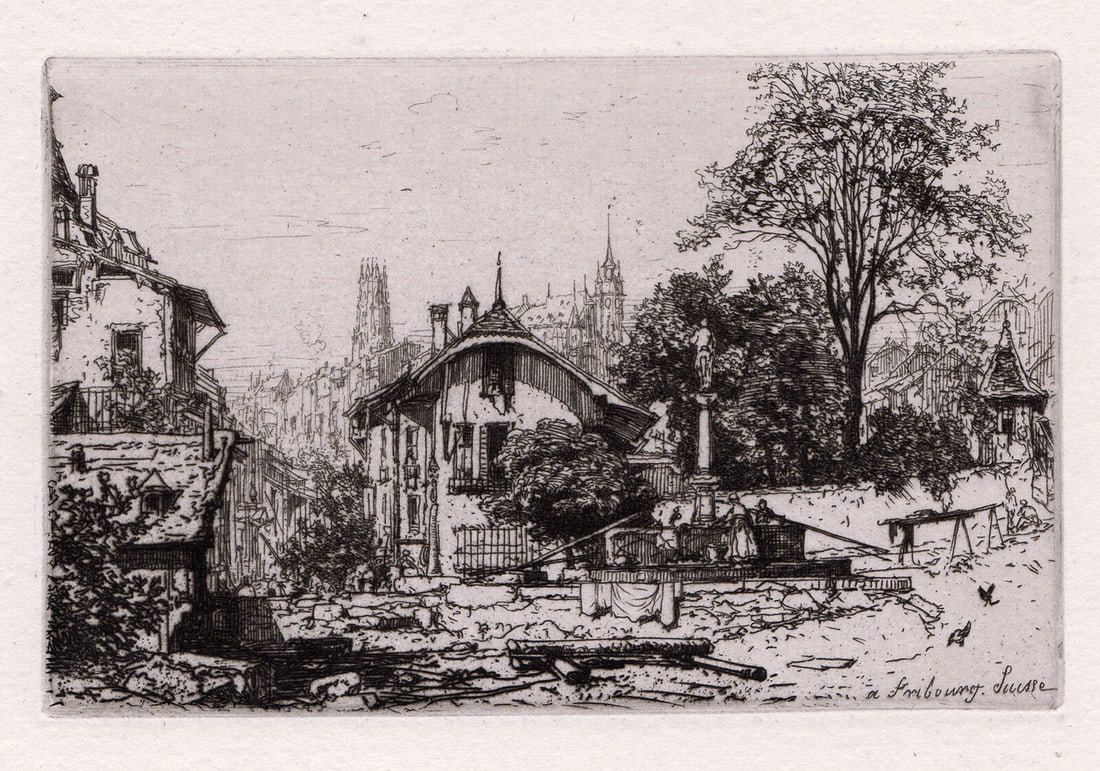 Maxime Lalanne Fribourg 1874 etching: Maxime Lalanne. (Francois Antoine Maxime Lalanne (French, 1827-1886). Fribourg (A Fribourg en Suisse) (titled lower left). Original etching on laid paper. 1874. Excellent. Image size 3 1/8 x 4 7/8 inc