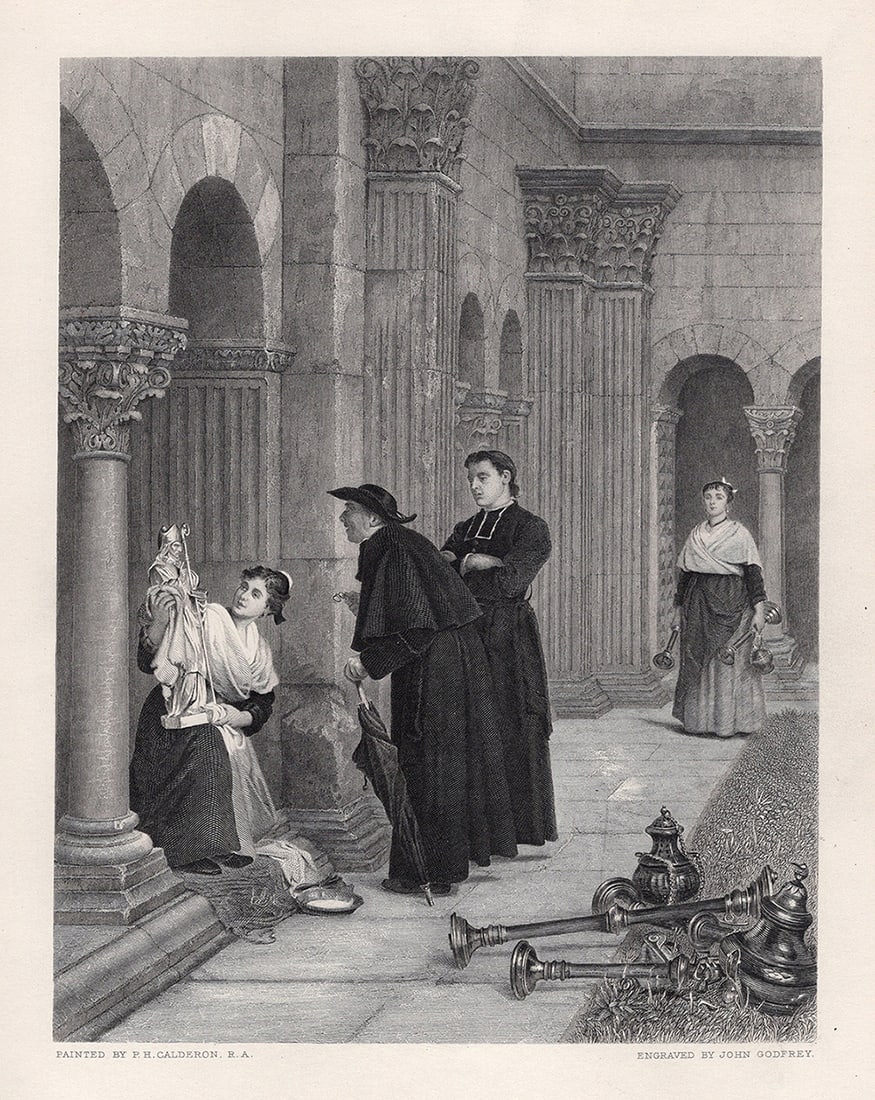 FRAMED Philip Hermogenes CALDERON 1800s Engraving REFURBISHING Signed: Philip Hermogenes Calderon (English, 1833-1898). Refurbishing. Antique engraving on wove paper after the original by master engraver John Godfrey (French, 1817-1889). Signed in the plate. Year: 1883.