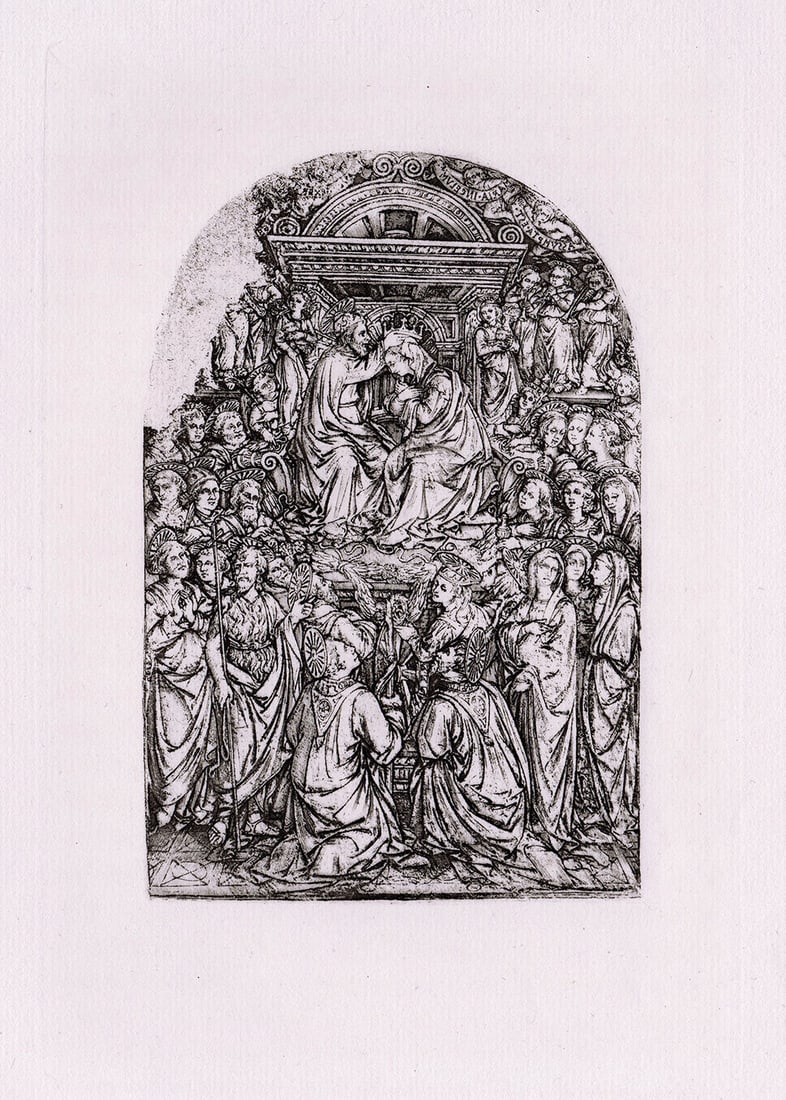 Maso Finiguerra Coronation of the Virgin 1880 etching: Maso Finiguerra. (Italian, 1426-1464). Coronation of the Virgin (Le Couronnement de la Vierge). Antique etching on laid paper after the 1452 original by master engraver Amand Durand (1831-1905). 1880.