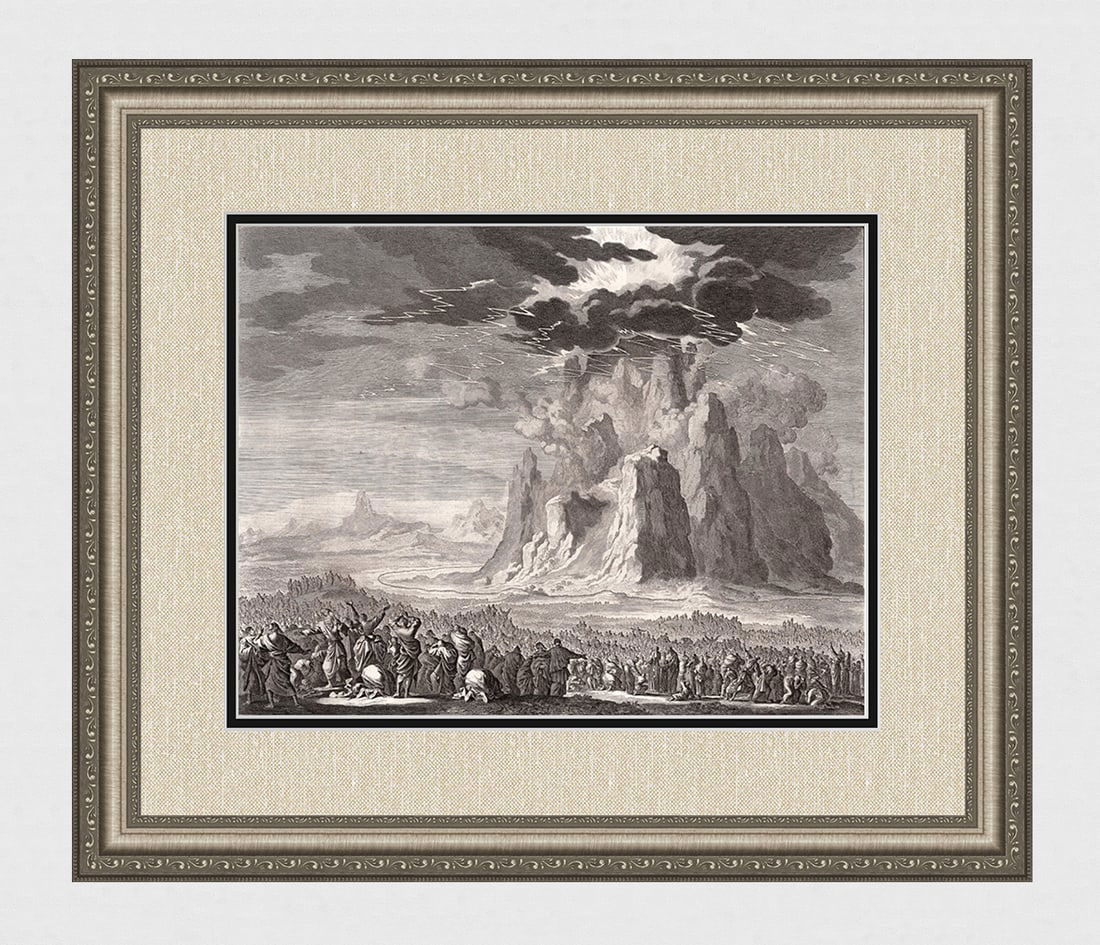 1747 Monumental Engraving Jan Luyken Moses Receives the Law Framed: Jan Luyken (Dutch, 1649 - 1712). Moses Receives the Law. Antique engraving on laid paper. Year: 1747. Publisher: Frans Houtteyn. Reference: Hollstein / Dutch and Flemish etchings, engravings and woodc