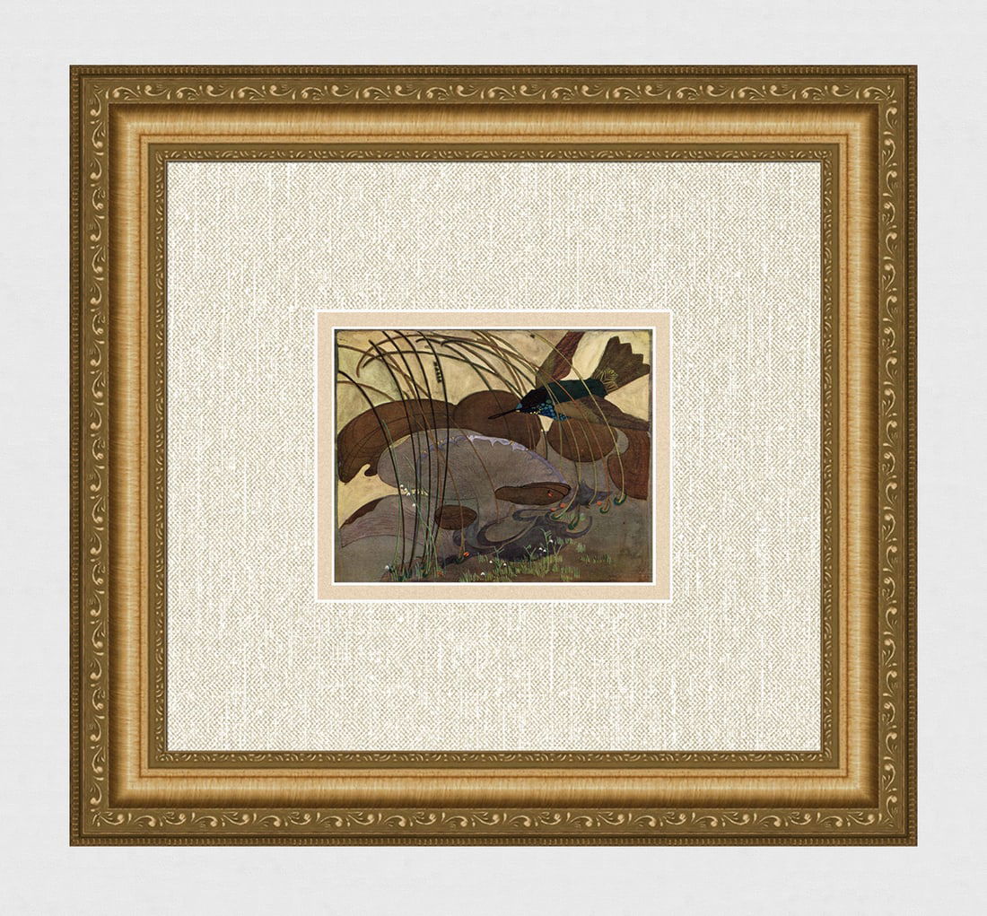 Helena Johnova Antique Color Print Landscape with Bird Framed: Helena Johnova (Czech, 1884 - 1962). Landscape with Bird. Antique color print on wove paper after the original designs for embroidered applique panels. Year: 1909. Image Size 4 5/8 x 5 3/4 inches.Fram