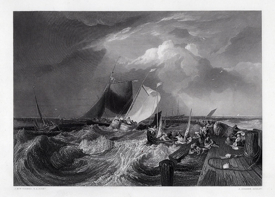 1800s SIGNED JMW TURNER Calais Pier Engraving FRAMED: Joseph Mallord William Turner (English, 1775-1851). Calais Pier. Antique engraving on wove paper after the original by master engraver John Cousen (British, 1804-1880). Reference: Butlin & Joll 48. Ye