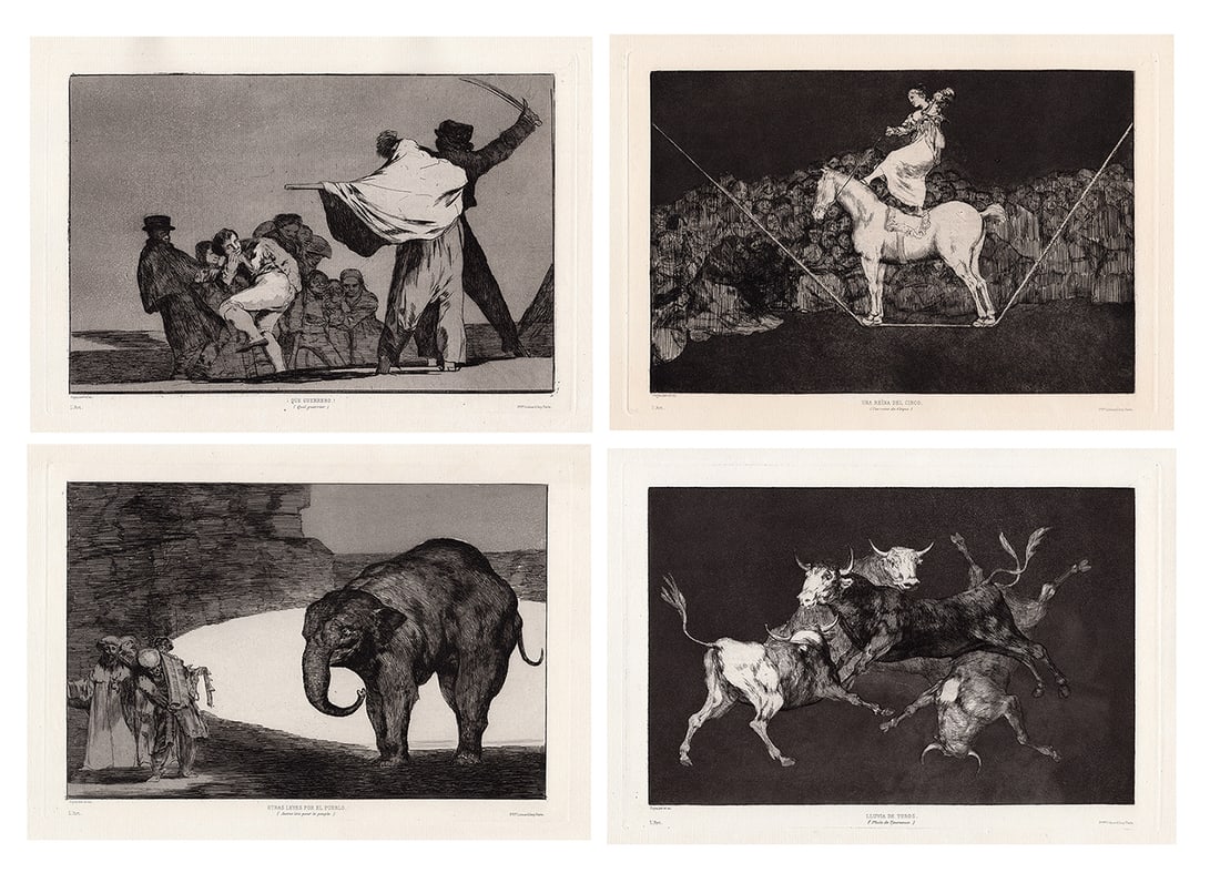 Francisco de Goya y Lucientes Four Etching Los Proverbios Framed: Francisco de Goya y Lucientes (1746-1828). The four additional plates for; Los Proverbios (D. 220-3; H. 266-9). Four etchings with aquatint and drypoint, before 1824, on laid paper, without watermark,