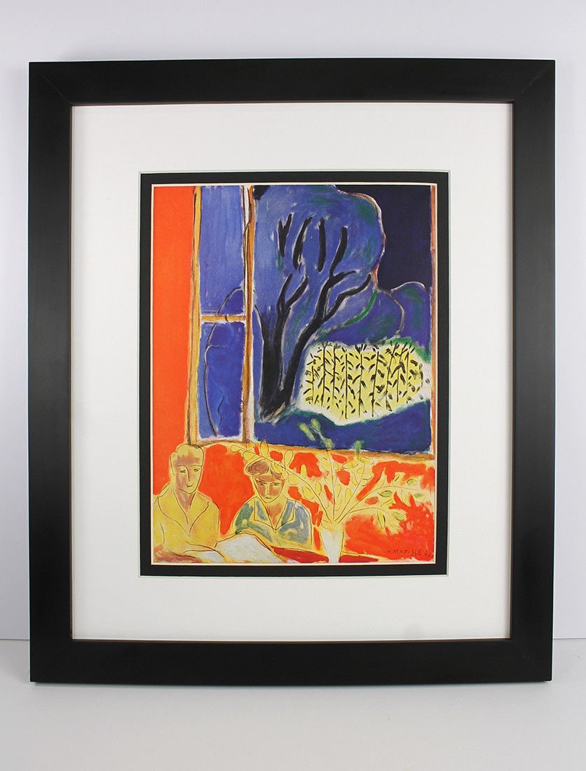 Henri Matisse Two Girls,Orange Background, Blue Garden (Deux fillettes, fond corail, jardin bleu): Henri Matisse. (1869-1954). Two Girls,Orange Background, Blue Garden (Deux fillettes, fond corail, jardin bleu). Color heliogravure after the original oil on canvas. 1948. Signed in the plate, lower r
