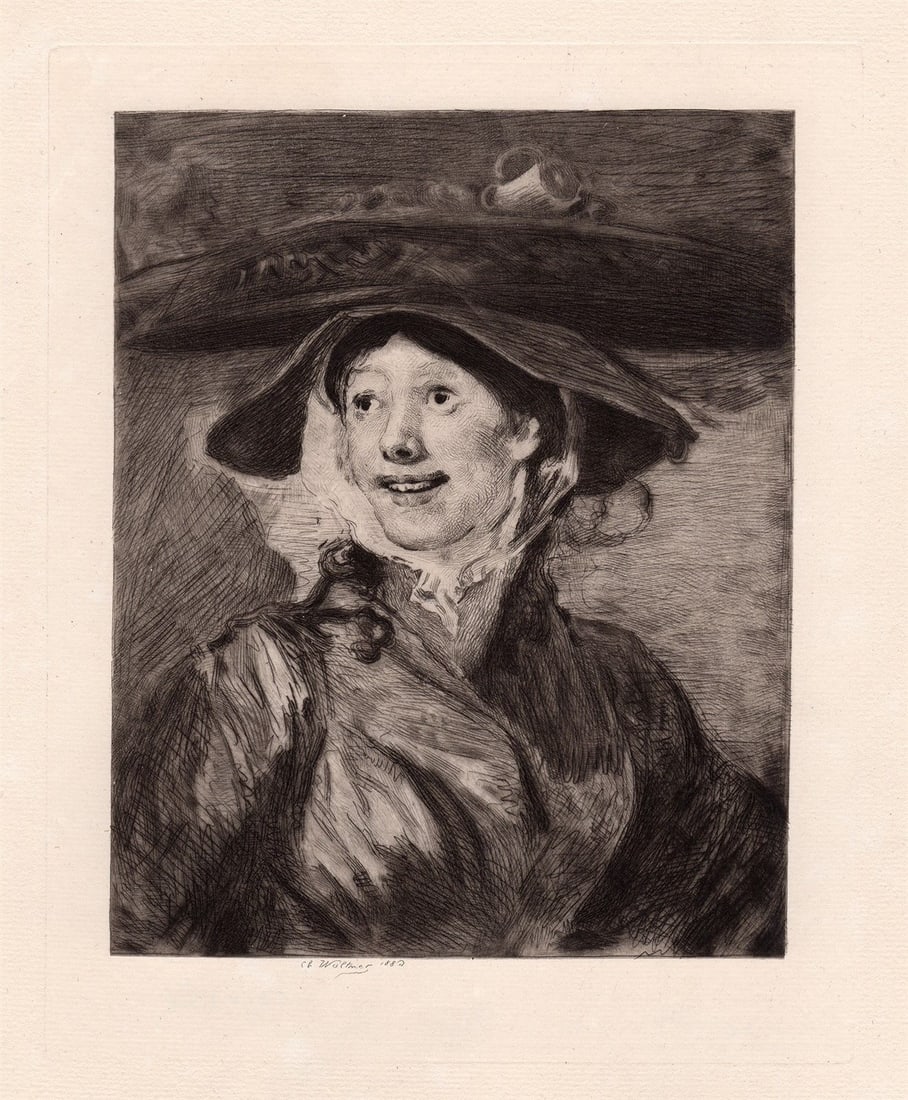 1886 William Hogarth A Shrimp Girl etching signed: William Hogarth. (English, 1697-1764). A Shrimp Girl. Antique etching on thick laid paper after the original oil on canvas by master etcher Charles Waltner (French, 1846-1925). 1886. Signed in the pla