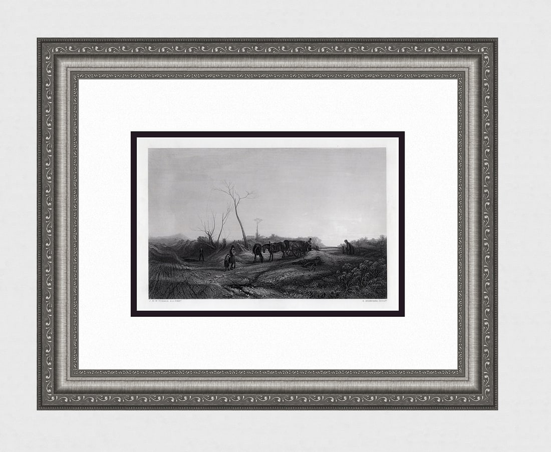 1800s TURNER Engraving Frosty Morning Winter, A Country Path Framed SIGNED: Joseph Mallord William Turner (English, 1775-1851). Frosty Morning. Antique engraving on wove paper after the original by master engraver Robert Brandard (British,1805-1862). Year: 1878. Signed in the