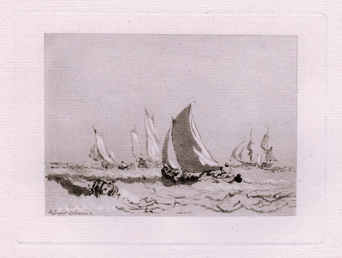 1876 Joseph Mallord William Turner Boats etching signed: Joseph Mallord William Turner. (English, 1775-1851). Boats. Antique etching on laid paper after the original by master etcher Alfred Louis Brunet Debaines (French, 1845-1939). 1876. Signed in the plat