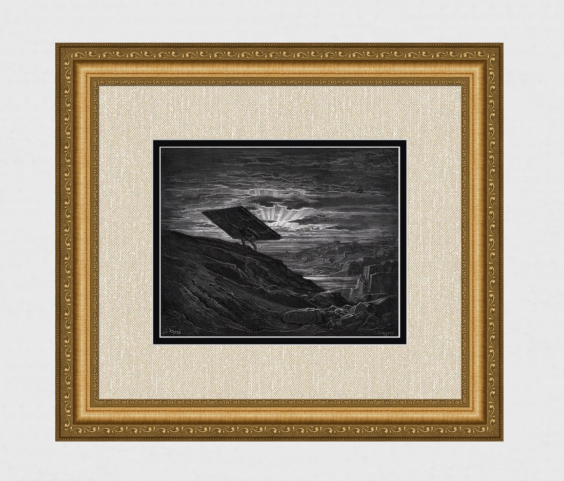 FRAMED 1800s Gustave DORE Biblical Wood Engraving SAMSON ESCAPES GAZA Signed (1 of 3)