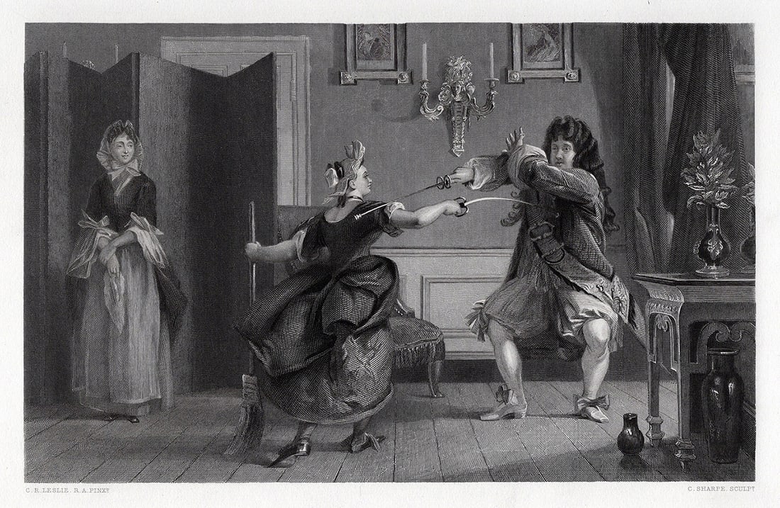 1800s C R LESLIE Engraving "The Bourgeois Gentleman" SIGNED Framed: Charles Robert Leslie (English, 1794 - 1859). Le Bourgeois Gentilhomme (The Bourgeois Gentleman). Antique engraving on wove paper after the original oil on canvas by master engraver Charles William Sh