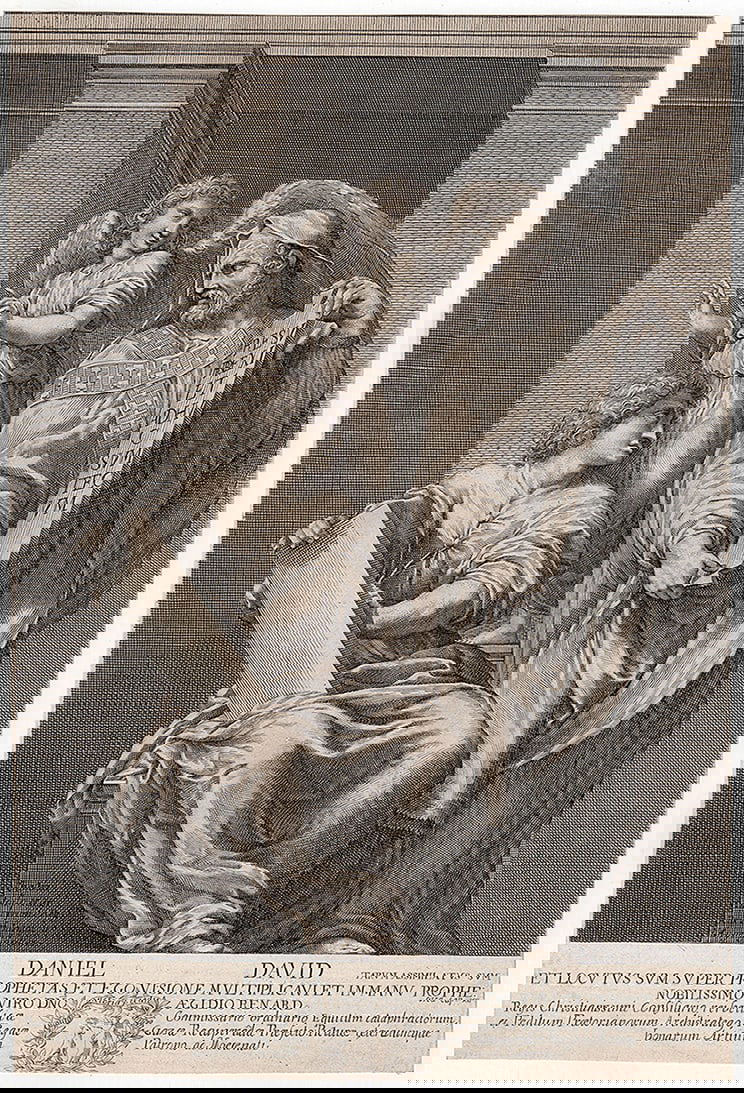 Raphael Daniel and David Engraving 1660: Raphael (1483-1520). Daniel and David. Antique engraving on laid paper after the original by master etcher/engraver Guillaume Chasteau (1635 - 1683). Year: 1660. Image Size 9 3/8 x 14 5/8 inches. Adit