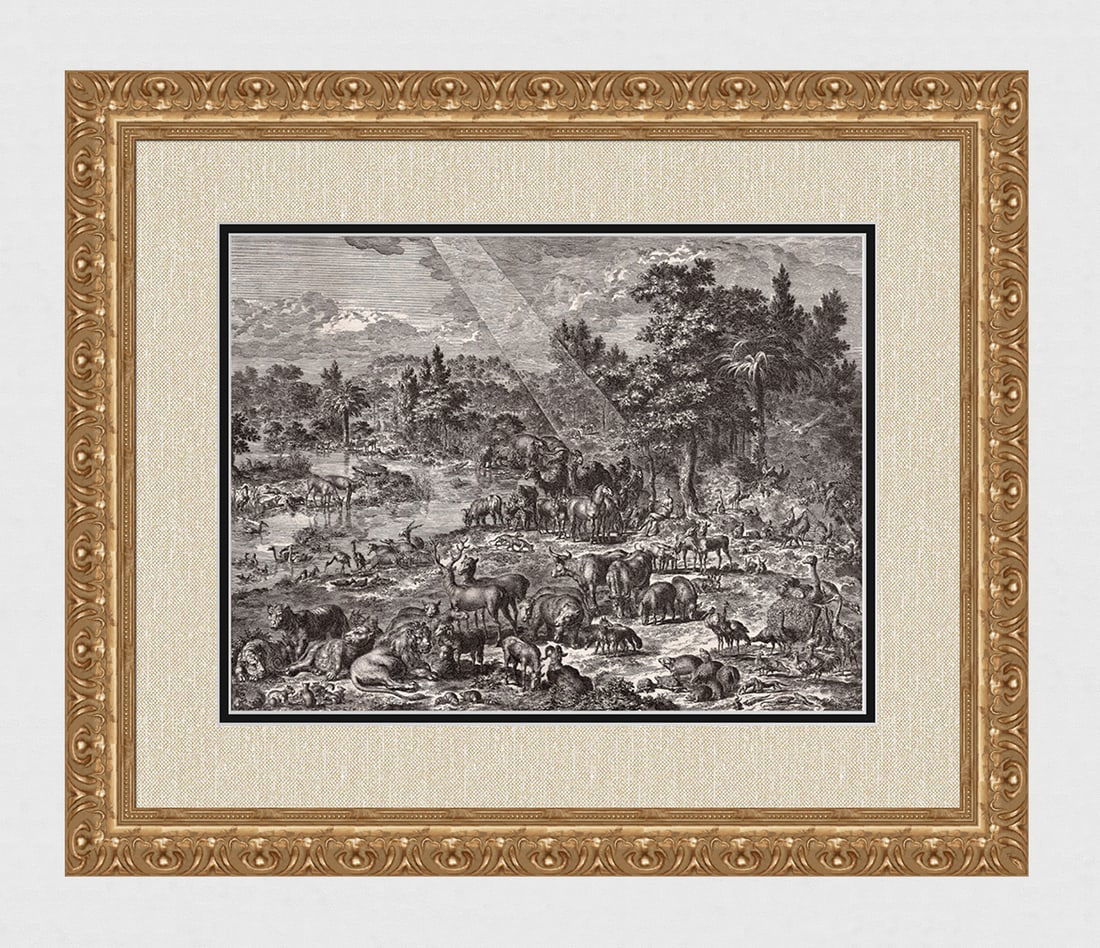 1747 Monumental Engraving Jan Luyken Adam Names the Animals Framed: Jan Luyken (Dutch, 1649 - 1712). Adam Gives Names to all of the Animals. Antique engraving on laid paper. Year: 1747. Publisher: Frans Houtteyn. Reference: Hollstein / Dutch and Flemish etchings, engr