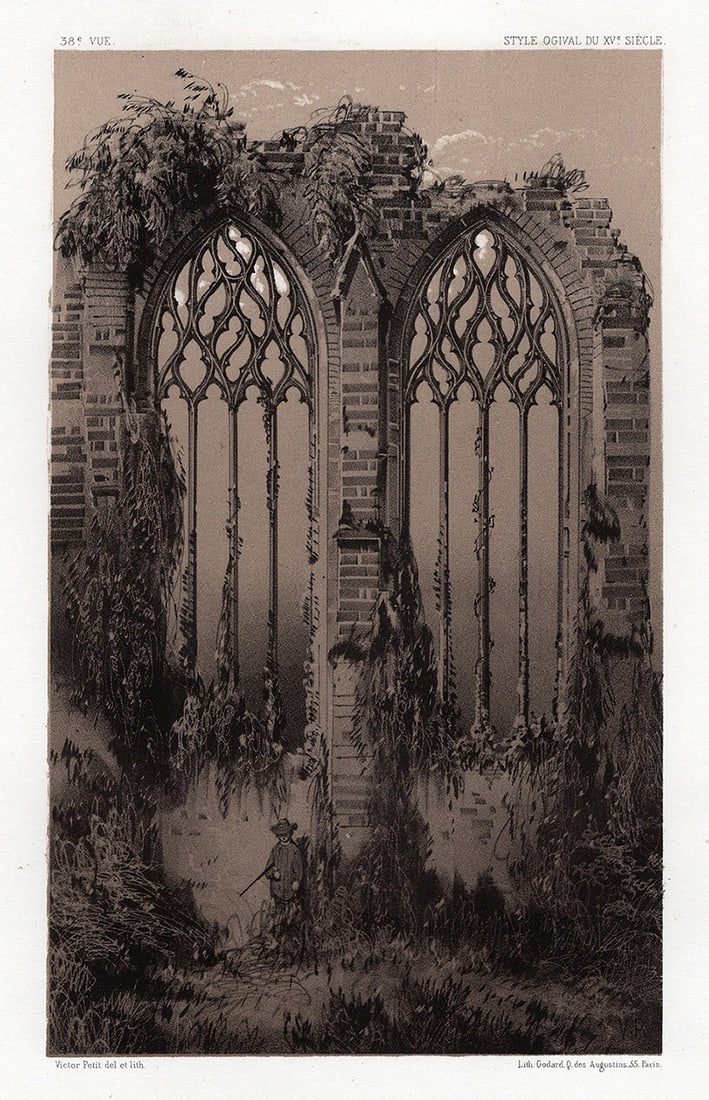 1800s Original Victor Petit Lithograph Church Of St Aubert Signed Framed: Victor Jean Baptiste Petit (French 1817-1871). Ruines De L'eglise De St. Aubert, Haute-Marne (Ruins of the Church of St Aubert, Haute-Marne). Original tinted lithograph on strong vellum paper. Year: 1