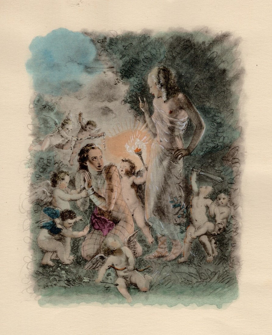 Original 1947 Paul-Emile Becat Limited Lithograph Sixteenth Kiss Framed: Paul-emile Becat (French, 1885 – 1960). Sixteenth Kiss, Forgiveness (Sixteenth Kiss, Le Pardon). Original color lithograph on velin paper. Year: 1947. Numbered limited edition. This is one of 254 nu