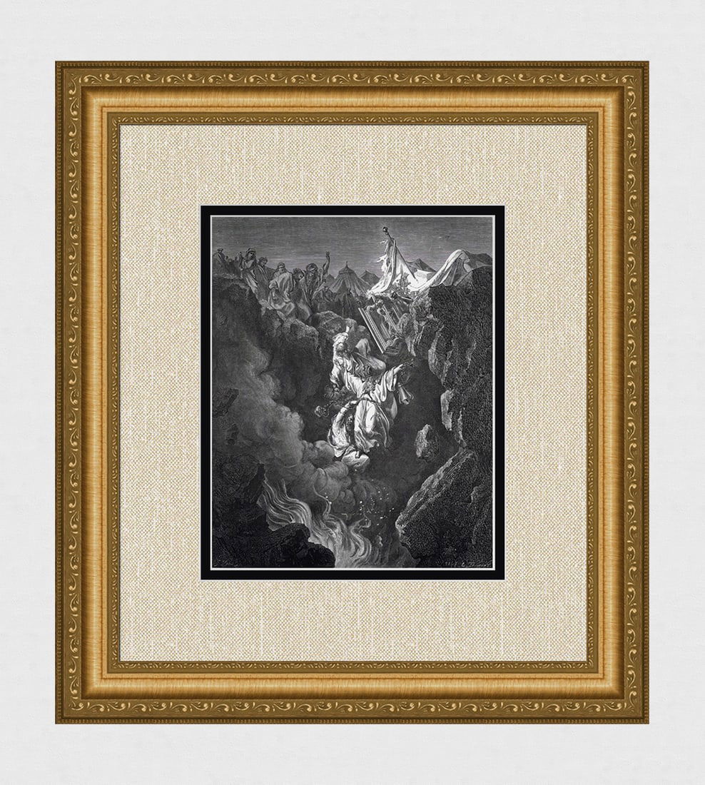 Gustave DORE 1800s Biblical Woodcut Death of Korah Dathan & Abiram SIGNED FRAMED (1 of 3)