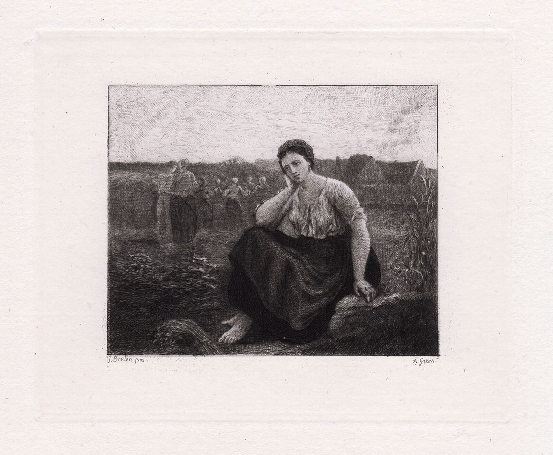Jules Breton The Harvest-Field 1874 Etching Signed: Jules Breton. The Harvest-Field. Antique Etching on laid paper after the original by master etcher Amedee Paul Greux (French, 1836-1879). 1874. Signed in the plate. Image Size 4 1/4 x 5 1/4 inches. Fr