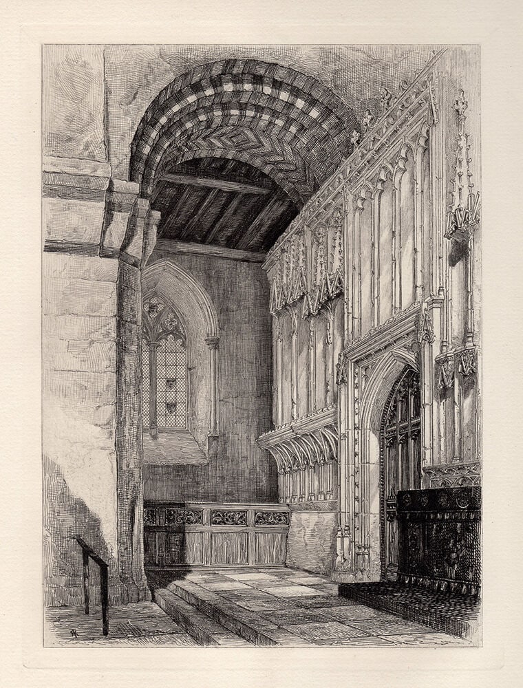 Robert Kent Thomas St Cuthbert's Screen in St Albans Abbey 1876 etching: Robert Kent Thomas. (British, 1816-1884). St Cuthbert's Screen in St Albans Abbey. Antique copper plate etching on wove paper. 1876. Signed in the plate. Excellent. Image Size 6 x 8 1/4 inches. Approx