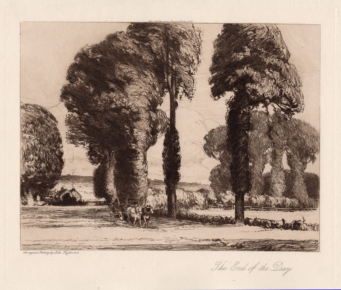 Luke Taylor The End of the Day etching signed: Luke Taylor. (English, 1876-1916). The End of the Day. Antique etching on thick wove paper. 1911. Signed and Titled in the plate. Excellent. Image size 8 1/4 x 9 7/8 inches. Approximately 17 x 18 inch