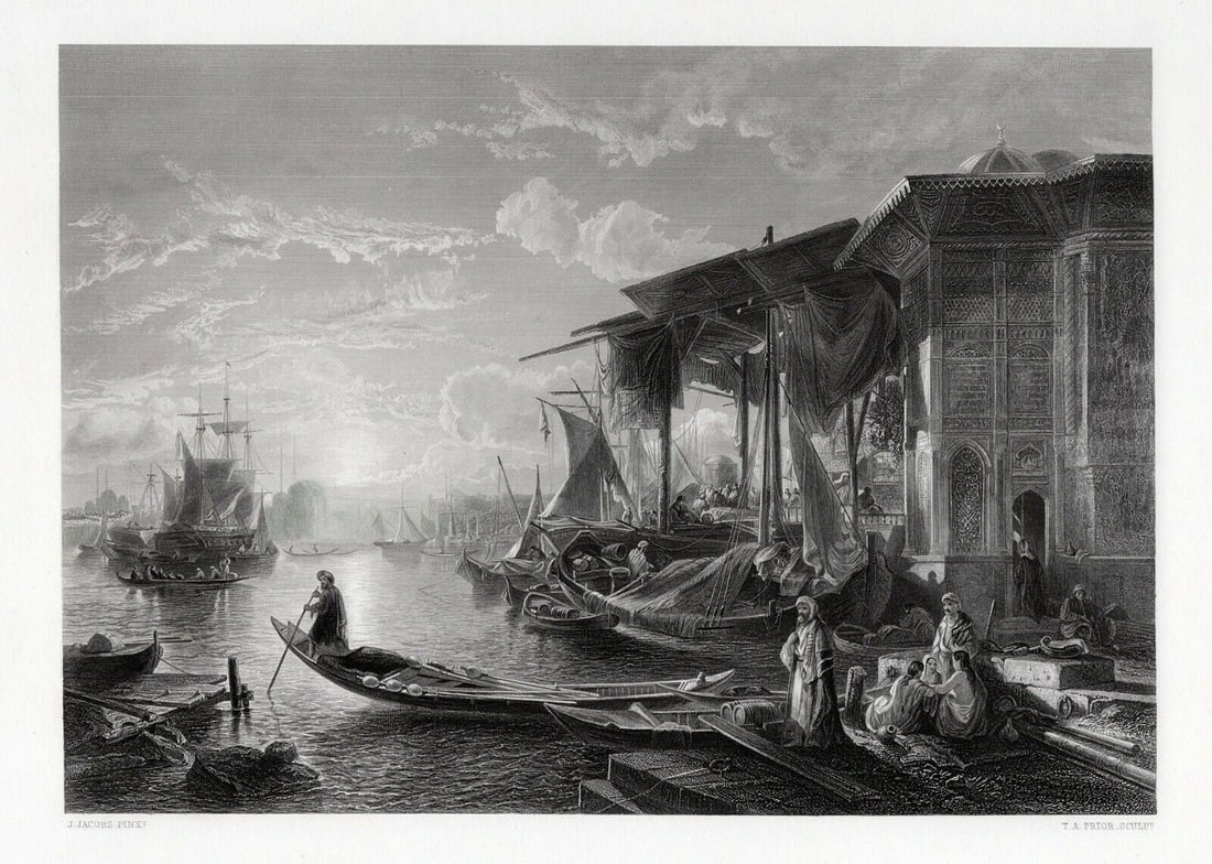 JACOB JACOBS 1800s Antique Engraving Constantinople, The Golden Horn FRAMED COA: Jacob Jacobs (Jacobus Albertus Michael Jacobs)(Belgian, 1812-1879). Constantinople, The Golden Horn. Antique engraving on wove paper after the original by master engraver Thomas Abiel Prior (British,