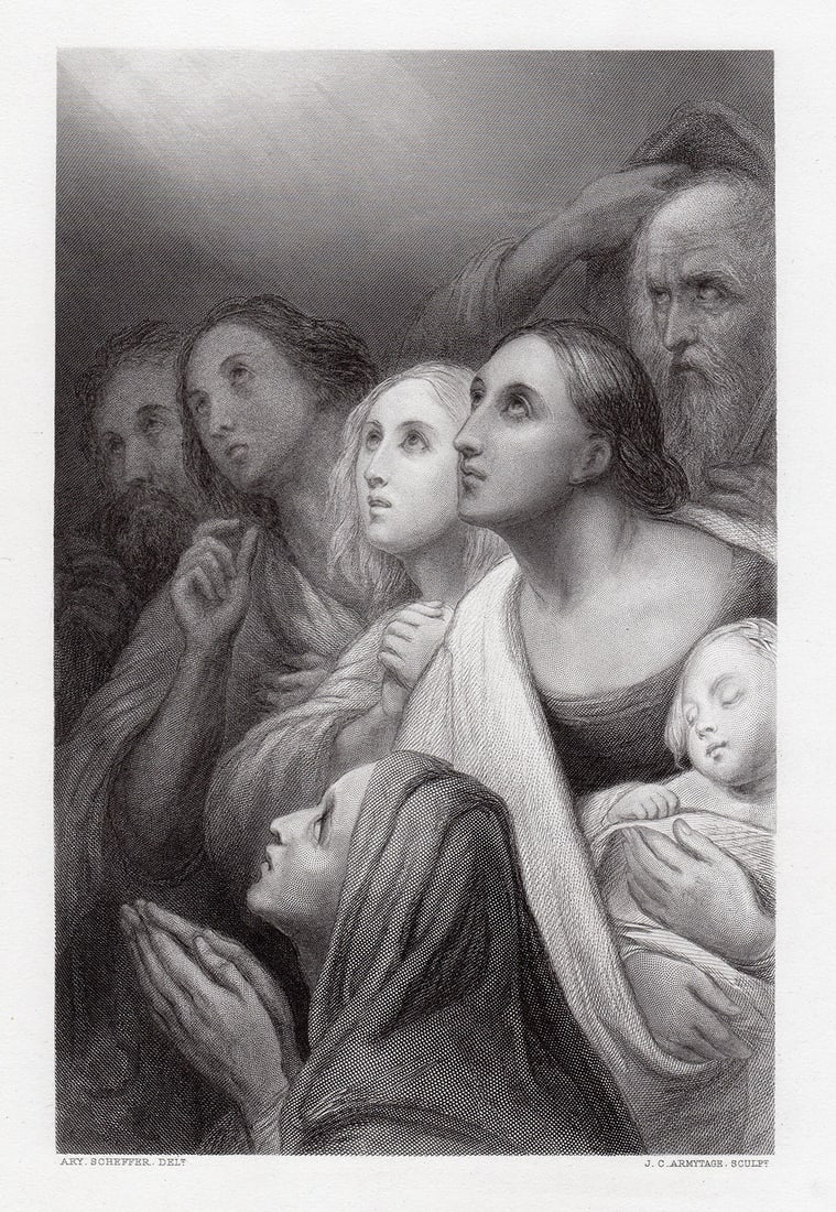 Ary Scheffer Adoration 1879 engraving: Ary Scheffer. (Dutch-French, 1795-1858). Adoration. Antique steel engraving on wove paper after the original by master engraver James Charles Armytage (English, c. 1810 - 1897). 1879. Signed in the pl