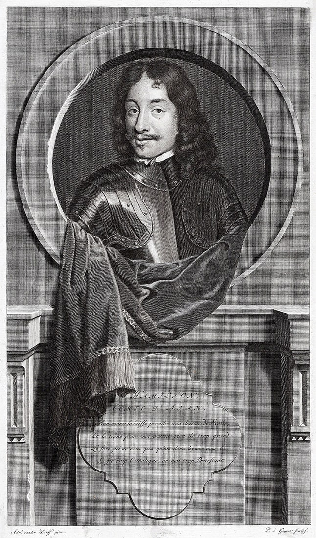 Adriaen van der Werff 1697 Engraving James Hamilton 3rd Earl of Arran Framed: Adriaen van der Werff (1659 - 1722). James Hamilton (1537/8 - 1609), 3rd Earl of Arran. Antique engraving on laid paper after the original by master engraver Pieter van Gunst (Dutch, 1658/9 - 1731). Y