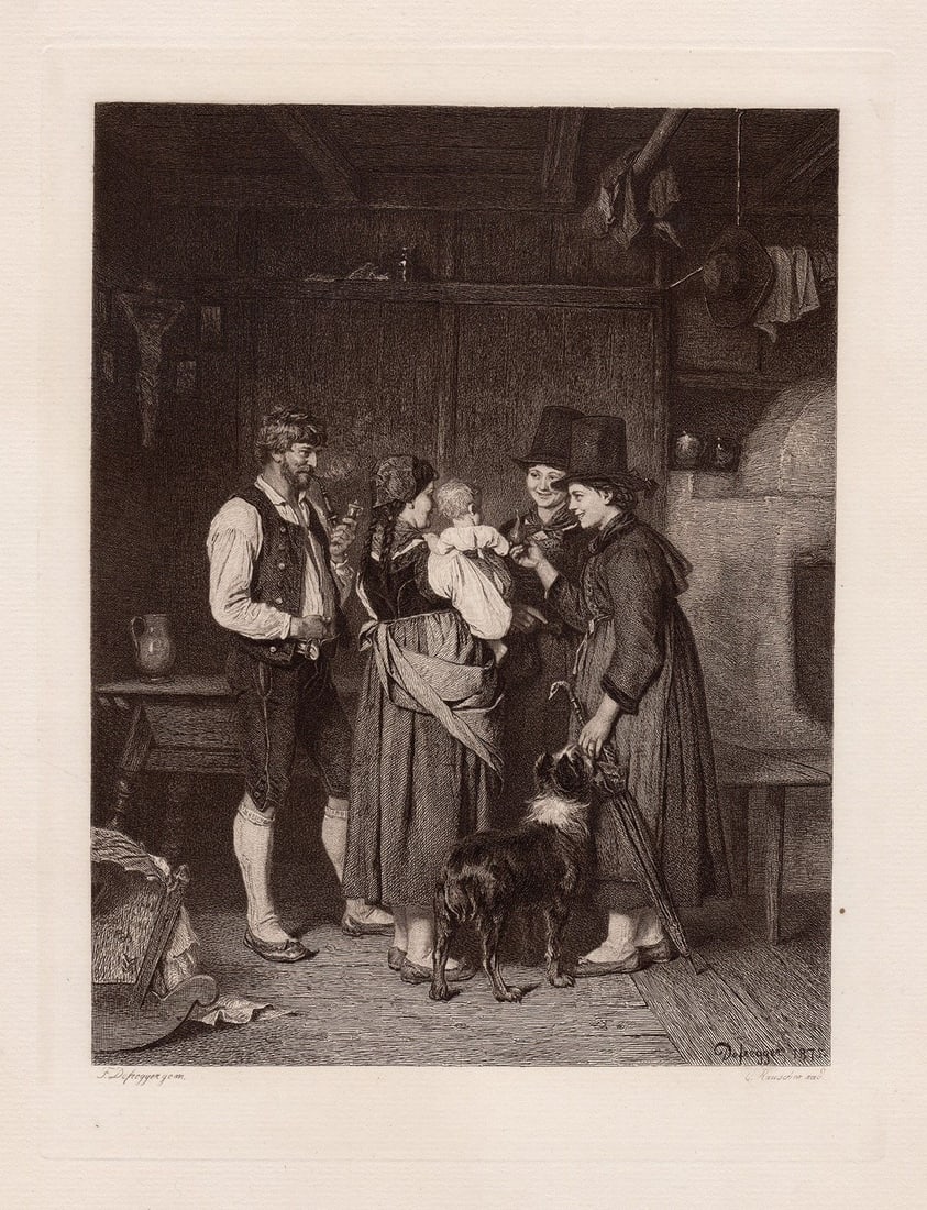 Franz Defregger The Visit 1879 etching: Franz Defregger. The Visit. Antique etching on thick laid paper after the original by master etcher Rauscher. 1879. Signed in the plate lower right. Excellent. Image size 6 3/4 x 8 3/4 inches.