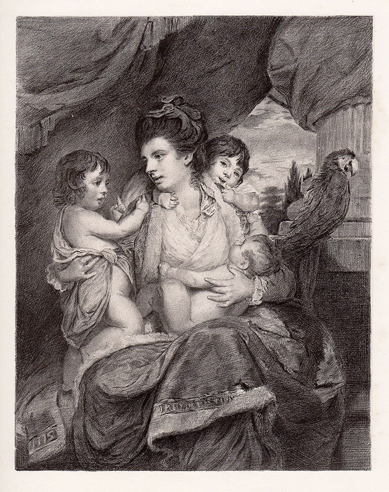 Sir Joshua Reynolds Cornelia Lady Cockburn and her Children lithograph signed: Sir Joshua Reynolds. "Cornelia" Lady Cockburn and her Children. Antique stone lithograph on thick wove paper after the original by E. H. Mitchell. 1893. Signed in the plate. Image size 7 1/2 x 9 1/2 i