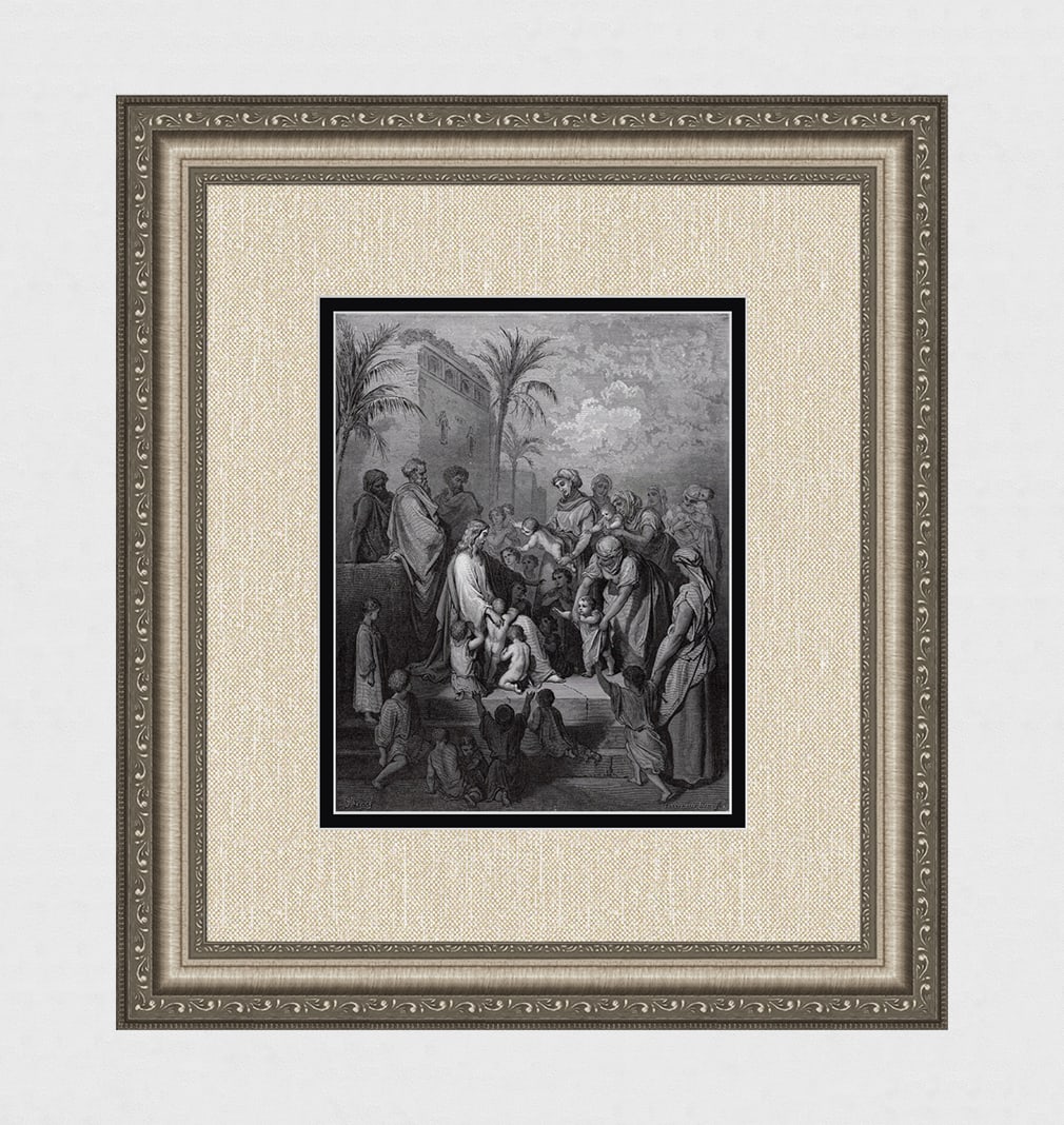 1800s Gustave Dore Bible Woodcut "The Little Children & Jesus" Signed Framed: Gustave Dore (Paul Gustave Louis Christophe Dore) (French, 1832-1883). Jesus Blessing the Children (from Dore's Bible). Antique woodcut on wove paper after the original by master wood engravers