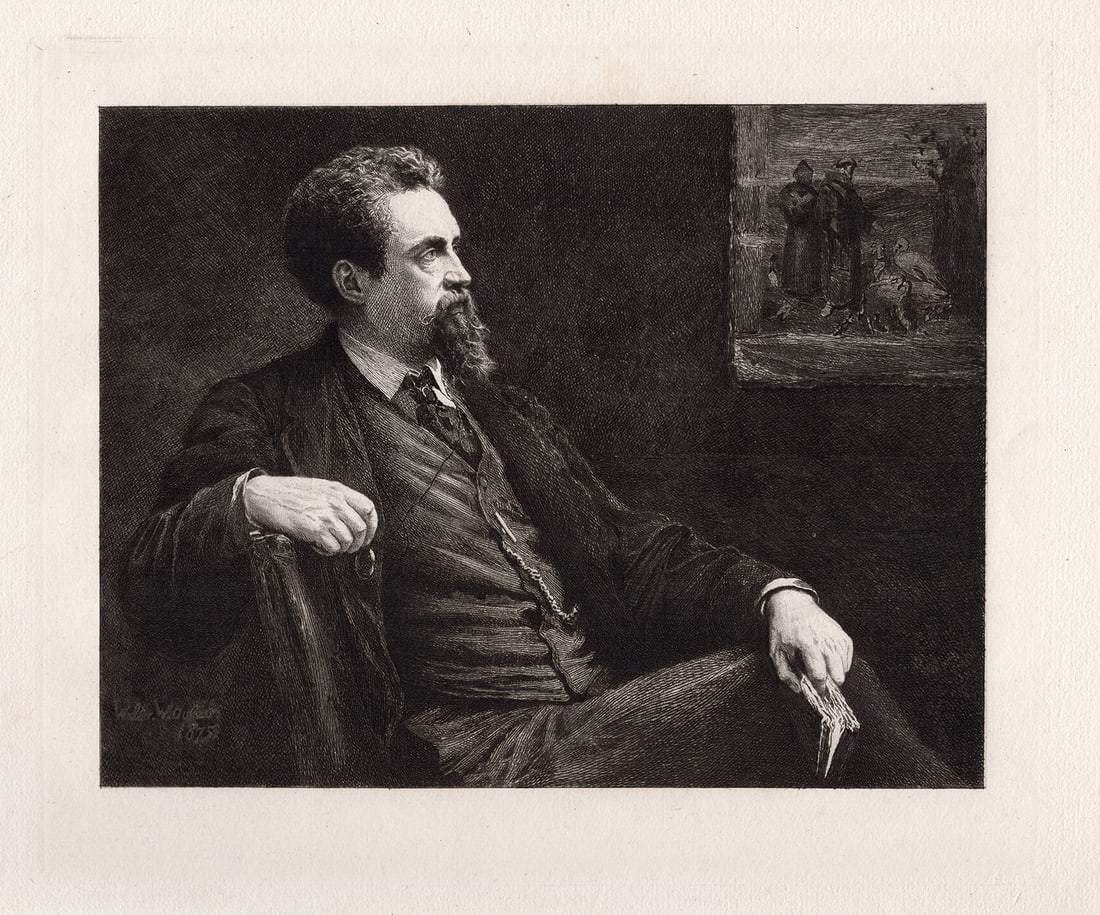 Walter William Ouless 1880 etching Portrait of H. S. Marks signed: Walter William Ouless. (British, 1848-1933). Portrait of H. S. Marks. Antique etching on thick laid paper after the original by master etcher Benjamin Louis Auguste Damman (1835-1921). 1880. Signed