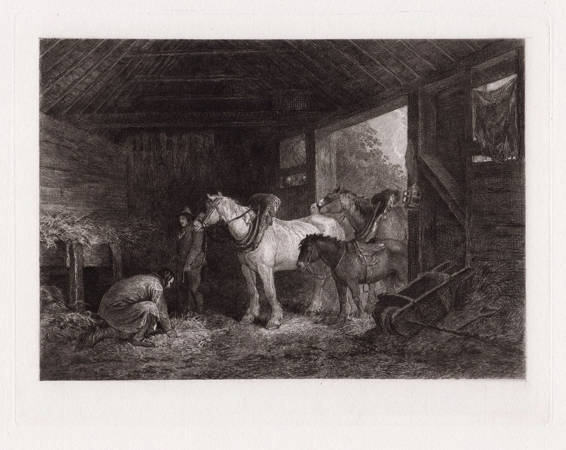 George Morland Inside of a Stable 1885 etching: George Morland. (English, 1763 - 1804). Inside of a Stable. Antique Copper plate etching on thick wove paper after the original oil on canvas by Charles Oliver Murray (Scottish, 1842-1923). 1885. Exce