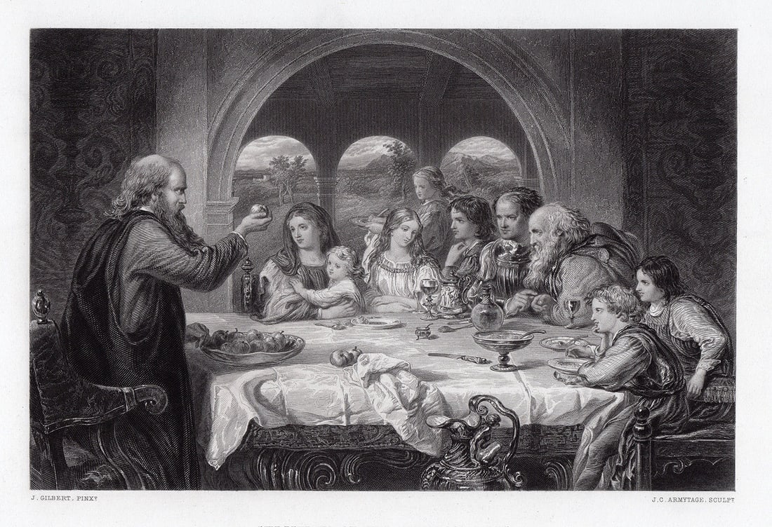 1867 Sir John Gilbert The Christiana at the House of Gaius engraving signed: Sir John Gilbert. (English, 1817 - 1897). The Christiana at the House of Gaius. Antique engraving on wove paper after the original painting by master engraver John Carr Armytage (British, 1802 - 1897)