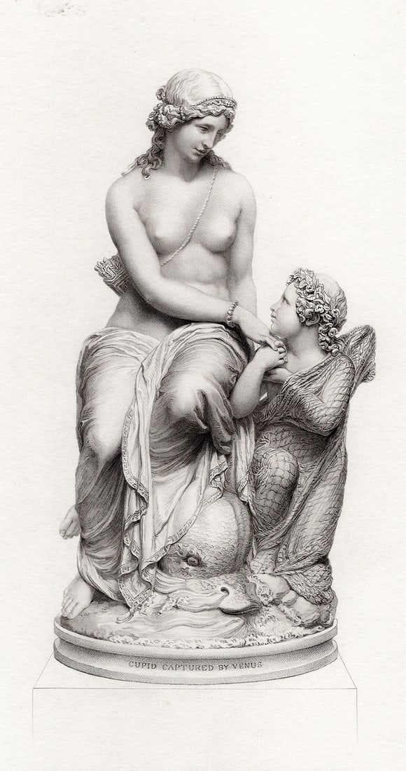 Giovanni Giuseppe FONTANA 1800s Engraving Venus Captures Cupid FRAMED: Giovanni Giuseppe Fontana (British, 1821-1893). Cupid Captured by Venus. Antique engraving on wove after the original sculpture by master engraver George J Stodart (British, 1884-1890 c.fl.). Year: